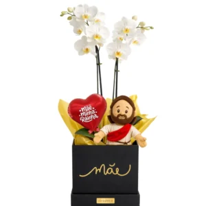 Orquídea Branca Premium + Pelúcia de Jesus + Balão Vermelho - Dia das Mães